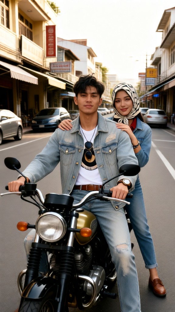 The 80s Vintage Couple On A Motorcycle-I image