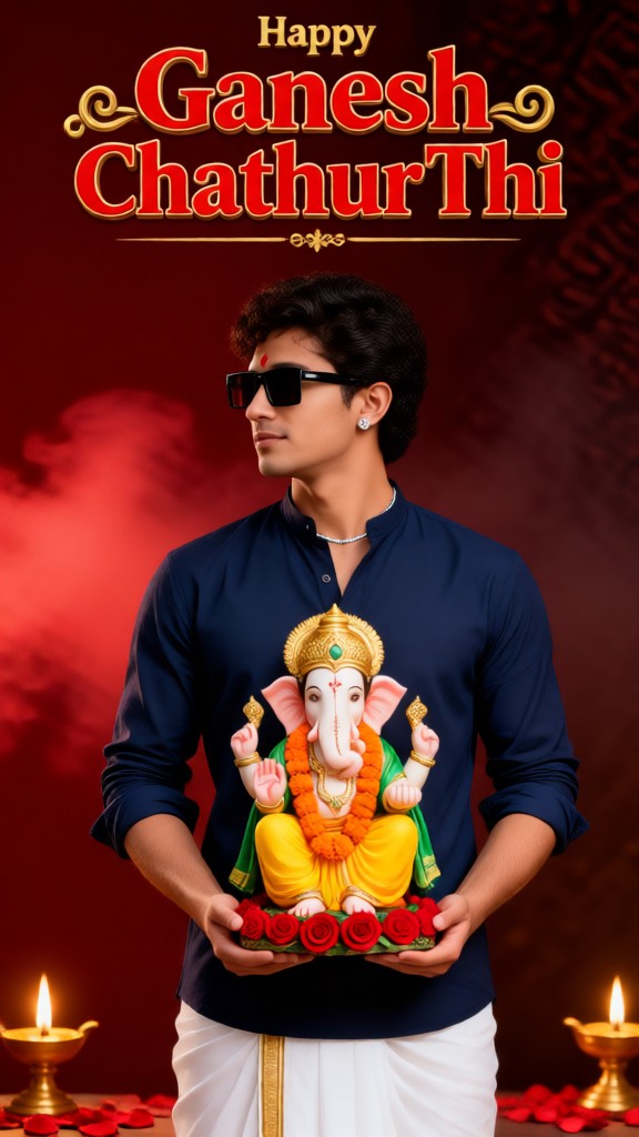 A two-colour photographic portrait of Ganesha holding an image image