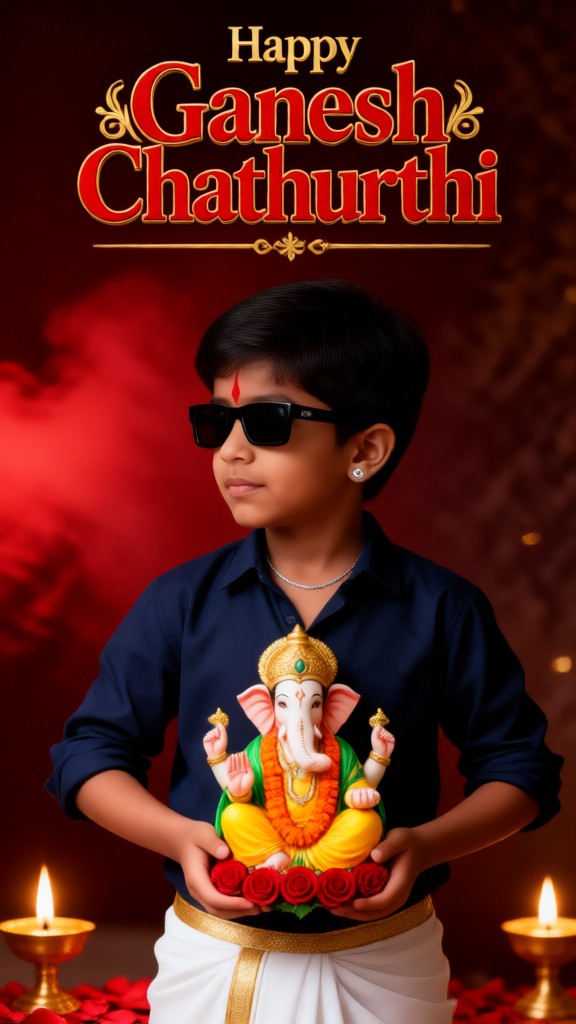 A two-colour photographic portrait of Ganesha holding an image image