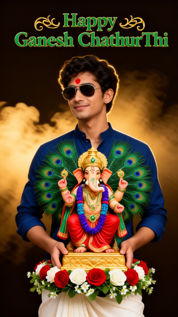 A two-colour photographic portrait of Ganesha holding an image image