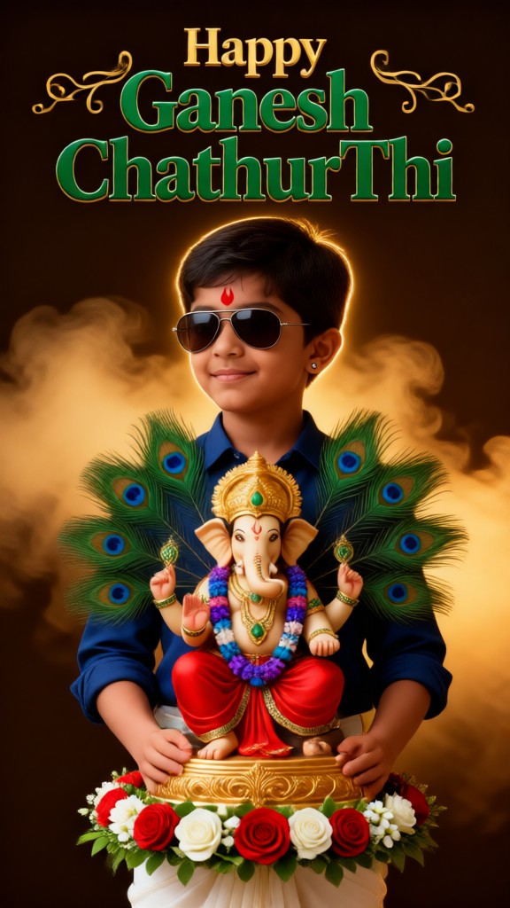 A two-colour photographic portrait of Ganesha holding an image image