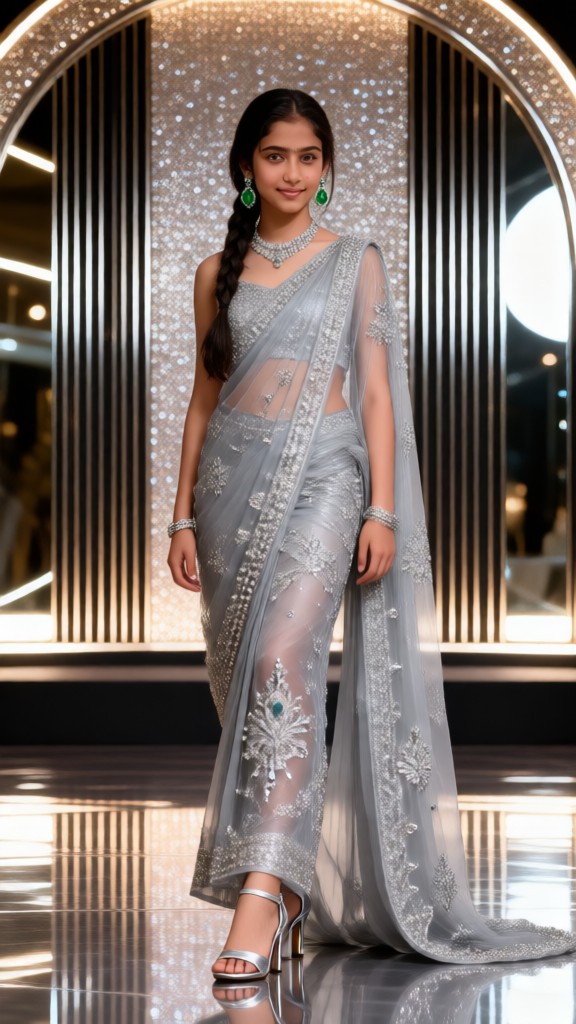 Portrait of a woman on stage wearing a silver sequined sari. image