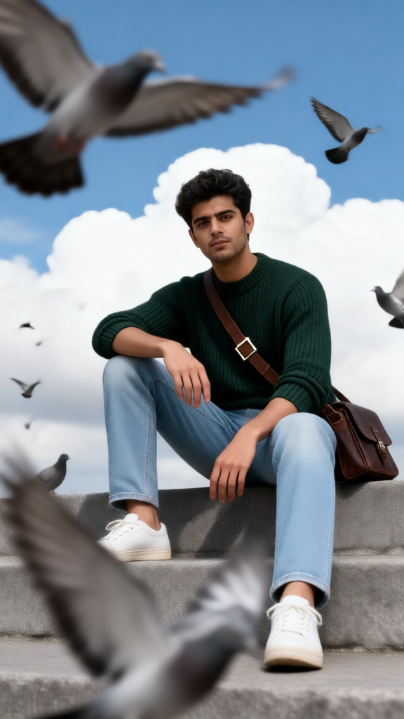 Un rebaño de palomas, nubes y escaleras: un retrato de un hombre image
