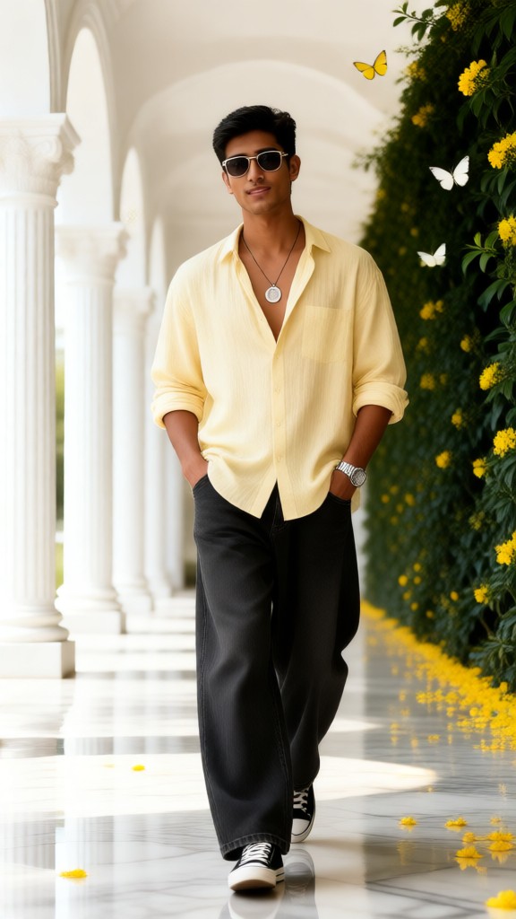 Sesión de retrato de hombres en el jardín de la camisa amarilla image