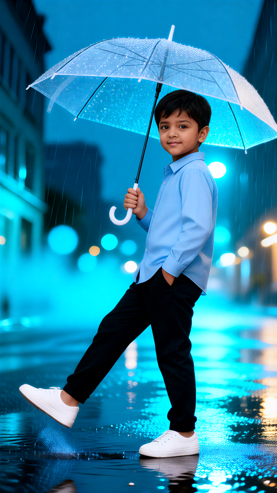 A Boy in a Blue Shirt on a Rainy Day image