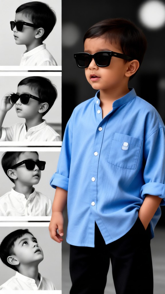 Baby in a blue shirt and sunglasses image
