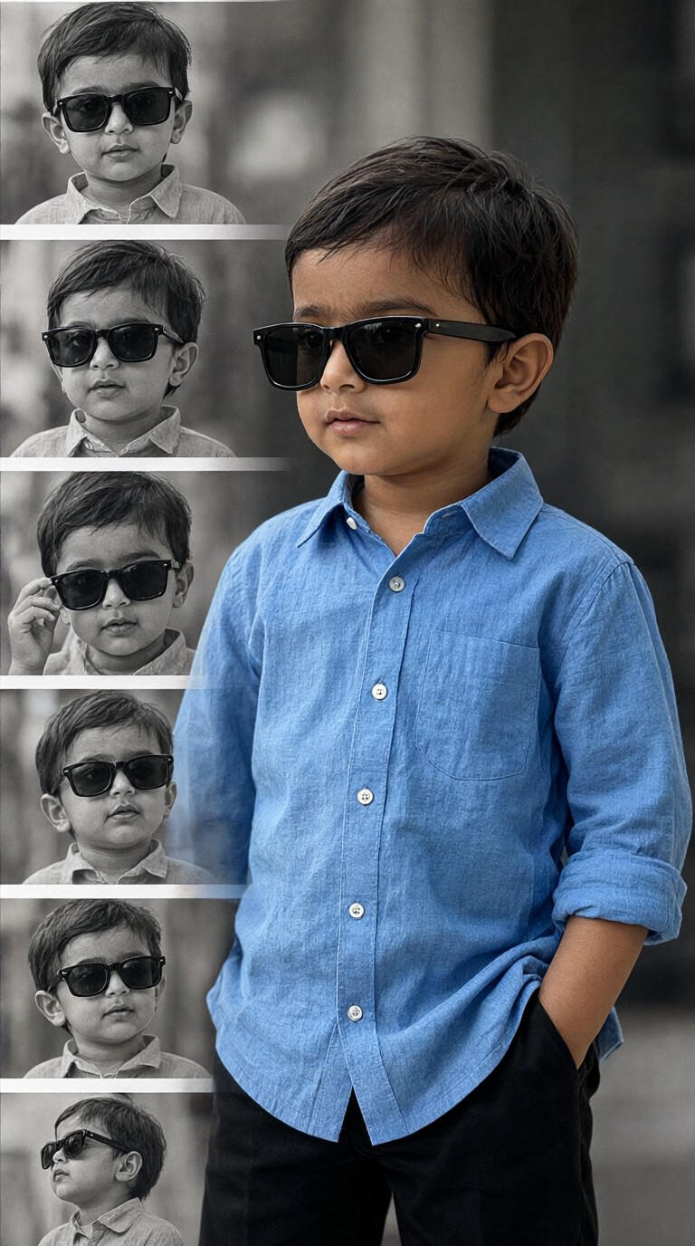 Baby in a blue shirt and sunglasses image