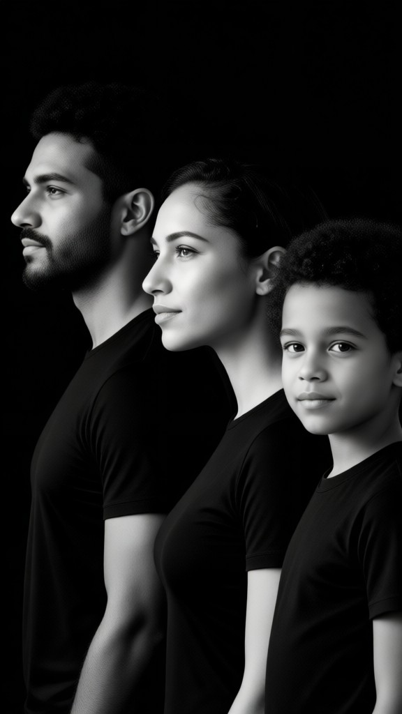 A side-view group photo of a family of three image