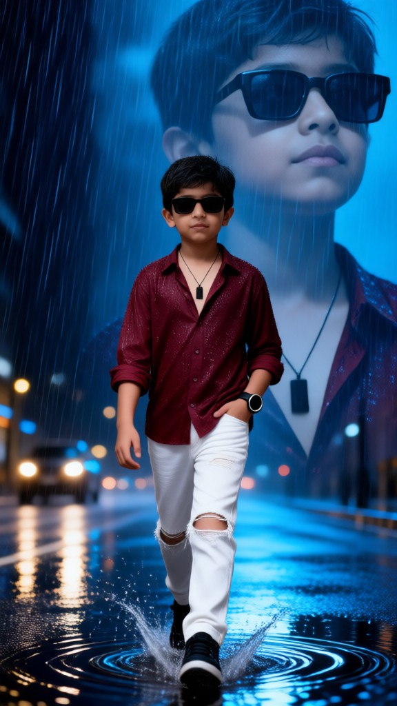 Exposición doble de niños bajo la lluvia image