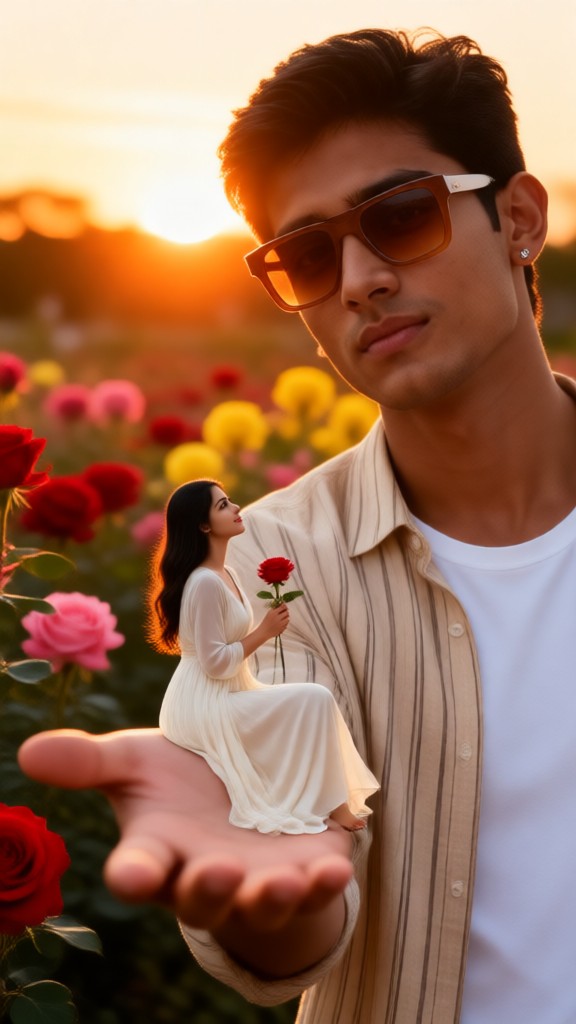Romantic portrait of a tiny woman and a man in a garden setting (rendered image) image