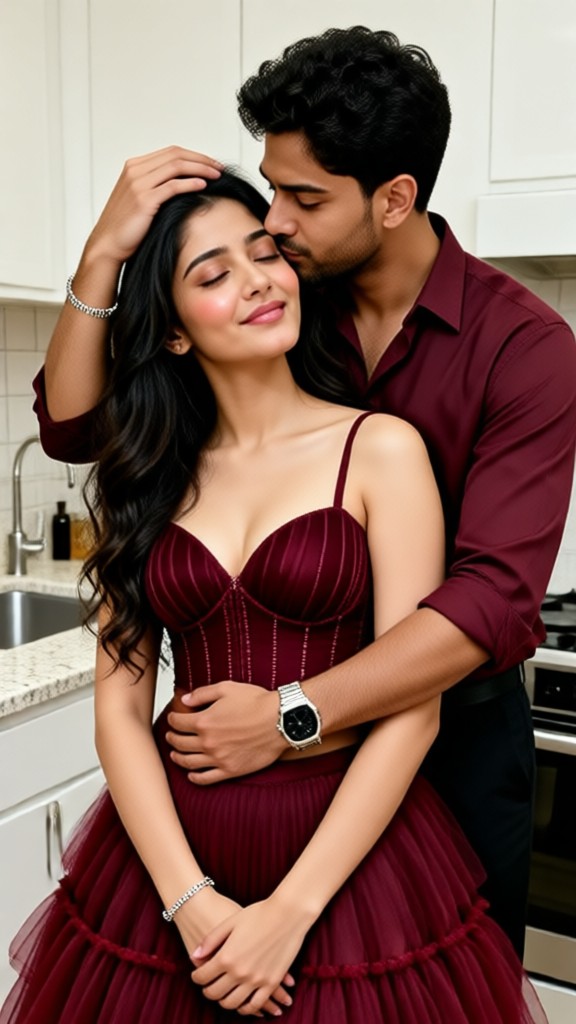 Couple In Red Kissing In The Kitchen image