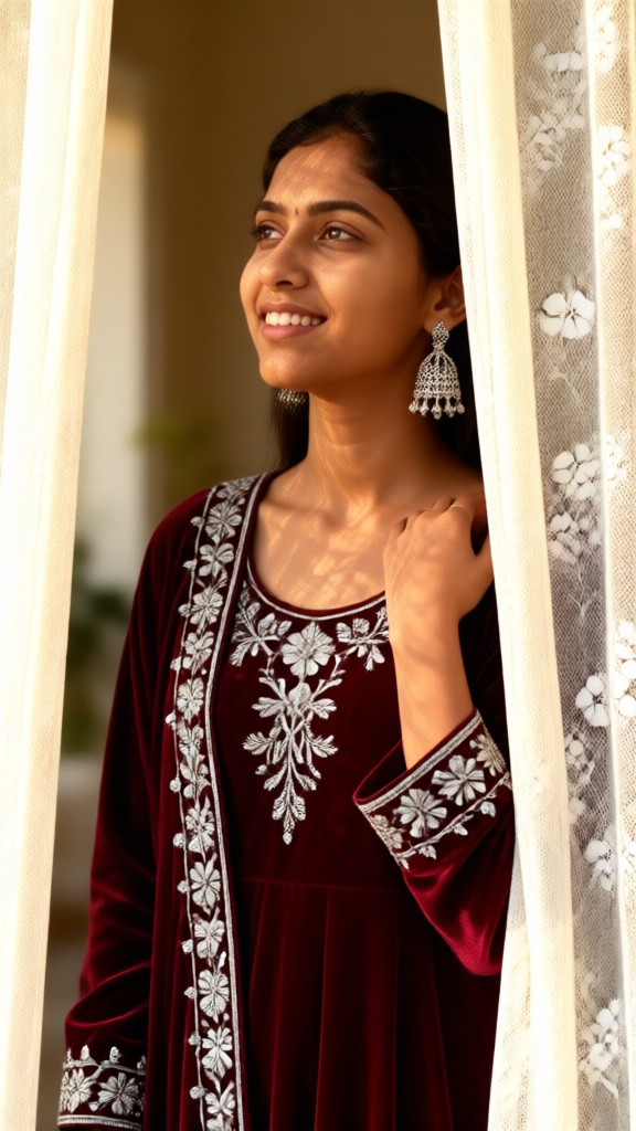 Fotoshooting mit traditioneller roter Kleidung und Vorhängen image