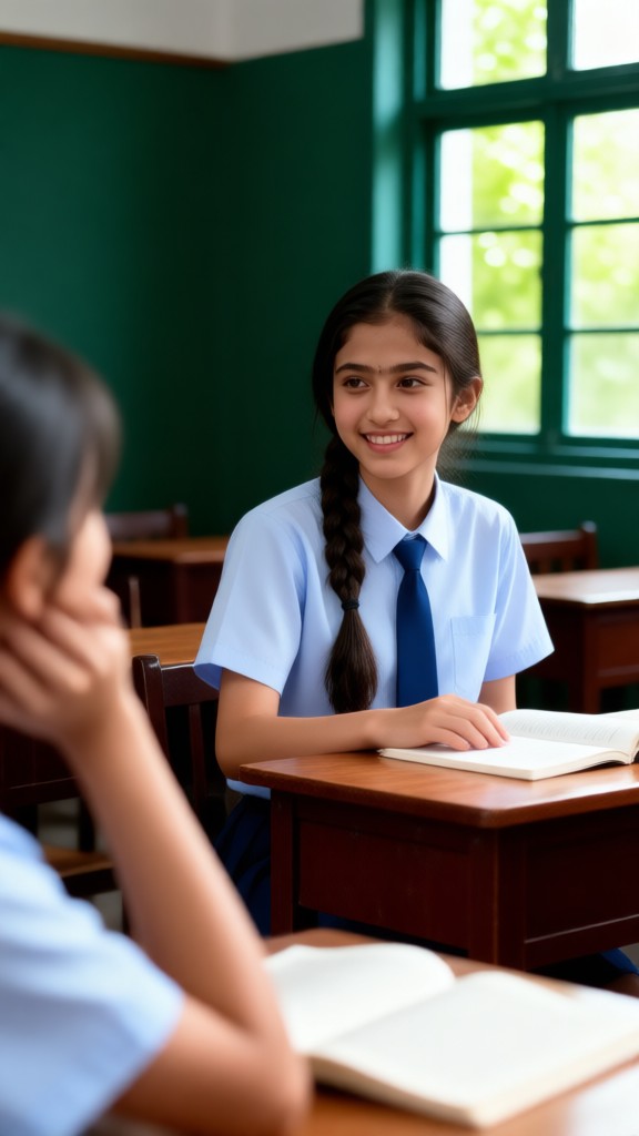 A young girl in an Indian school uniform with her hair in twin braids. image