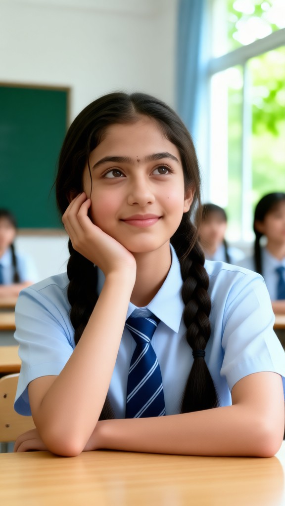 A young girl in an Indian school uniform with her hair in twin braids. image