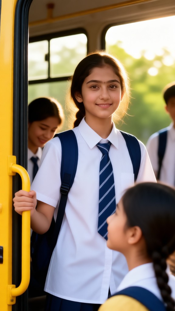 A young girl in an Indian school uniform with her hair in twin braids. image