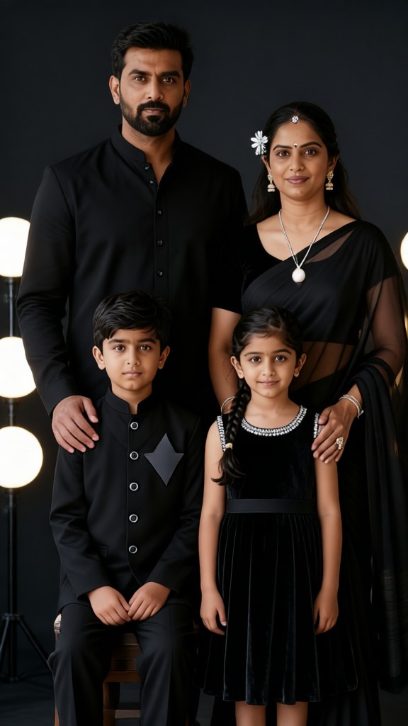 A group photo of a family of four in black image
