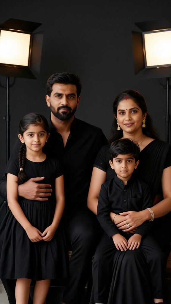 Una foto de grupo de una familia de cuatro en negro image