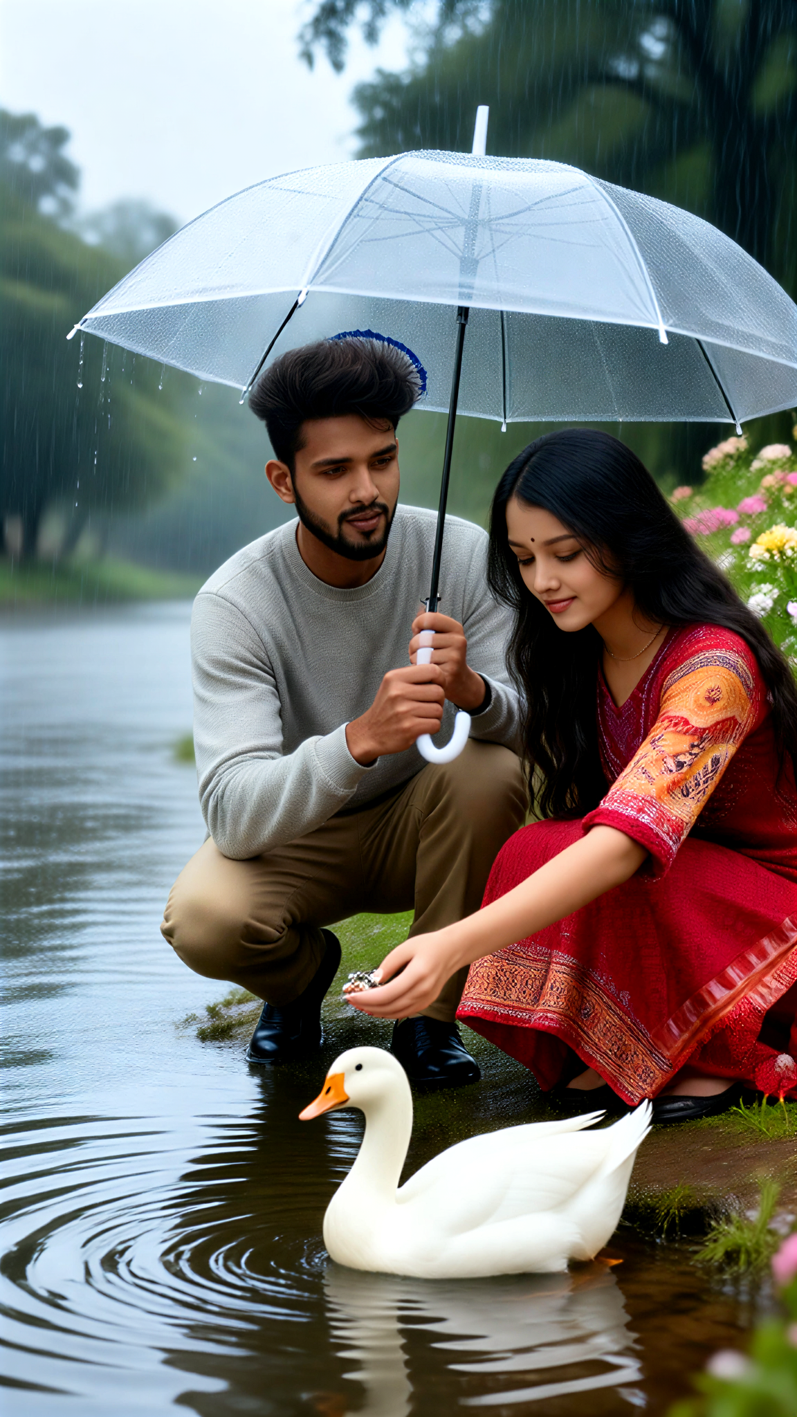 Couple Feeding Goose image