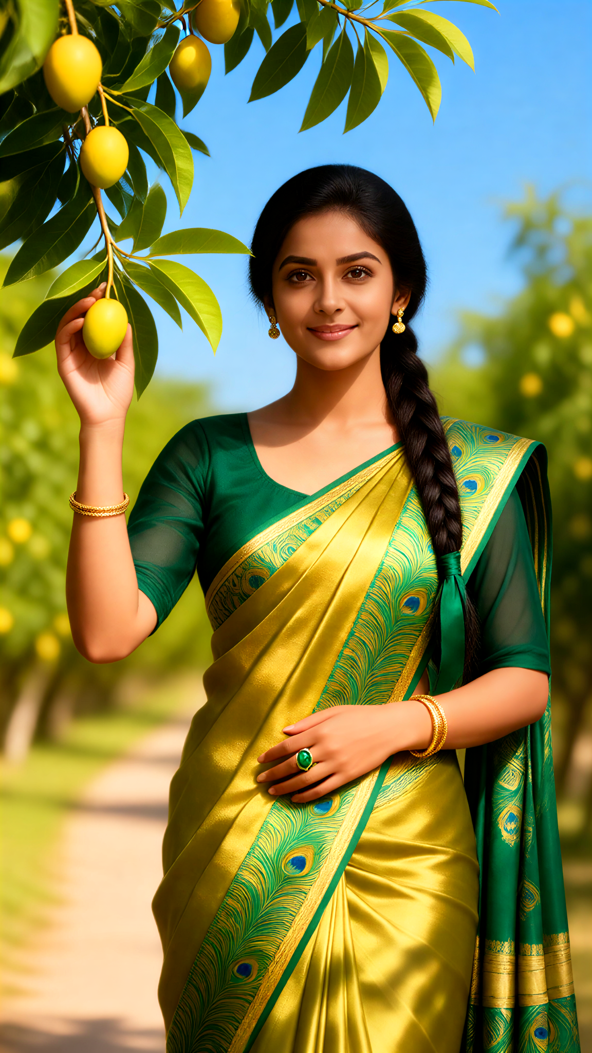 Gold Grün Sari in einem Mango Obstgarten image