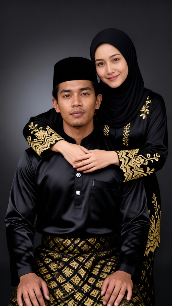 A couple in traditional black attire embracing image
