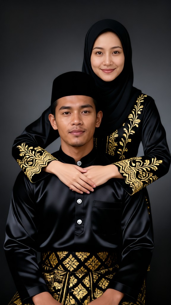 A couple in traditional black attire embracing image