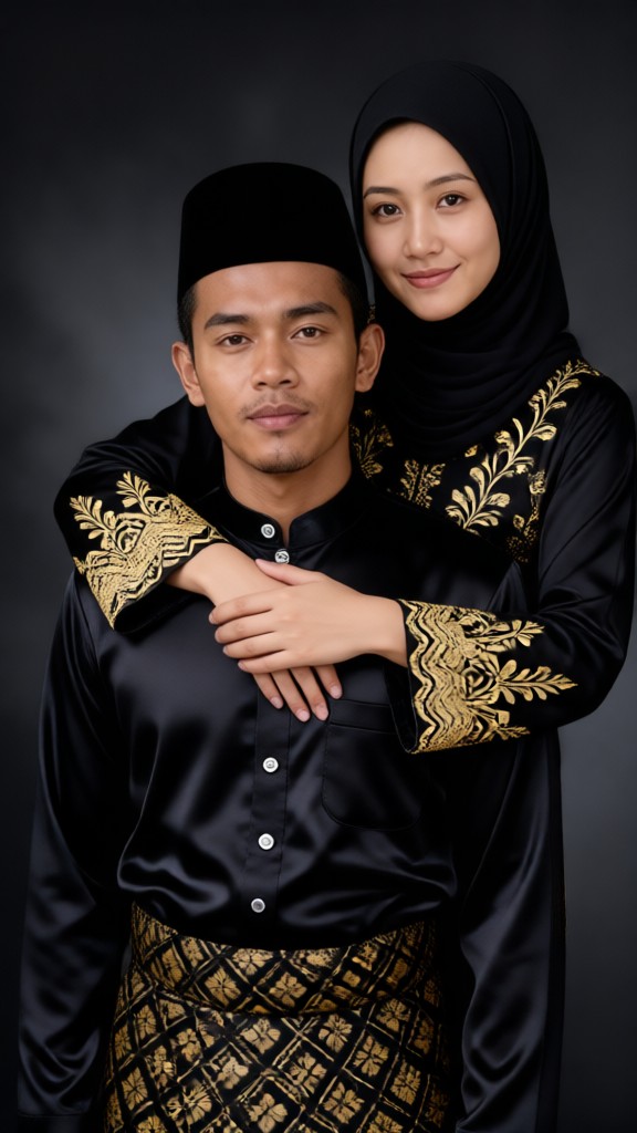 A couple in traditional black attire embracing image