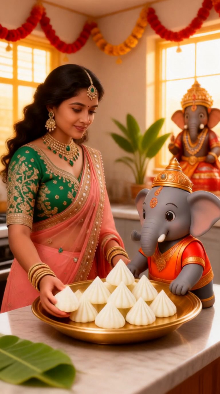 Building a Modak Mountain with a Little Elephant at Ganesh Chaturthi image