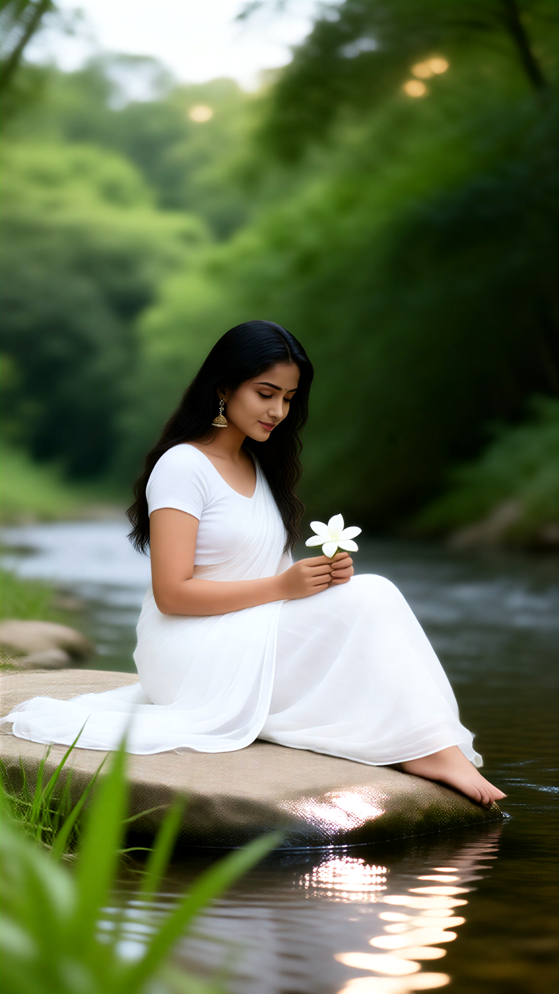Frangipani White Sari - Streamside Blossoms image