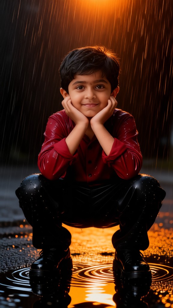 A child’s red shirt on a rainy night image