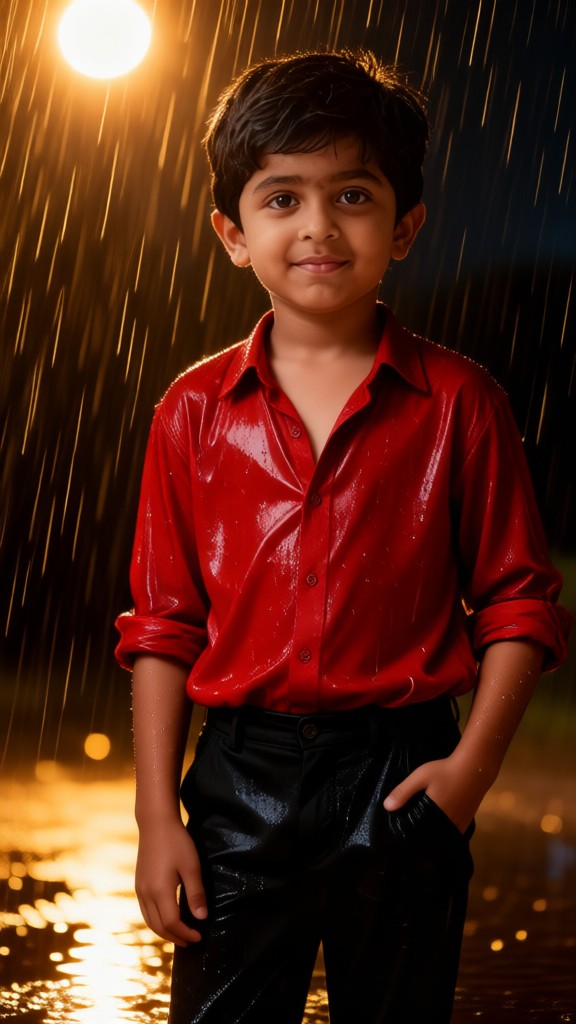 A child’s red shirt on a rainy night image