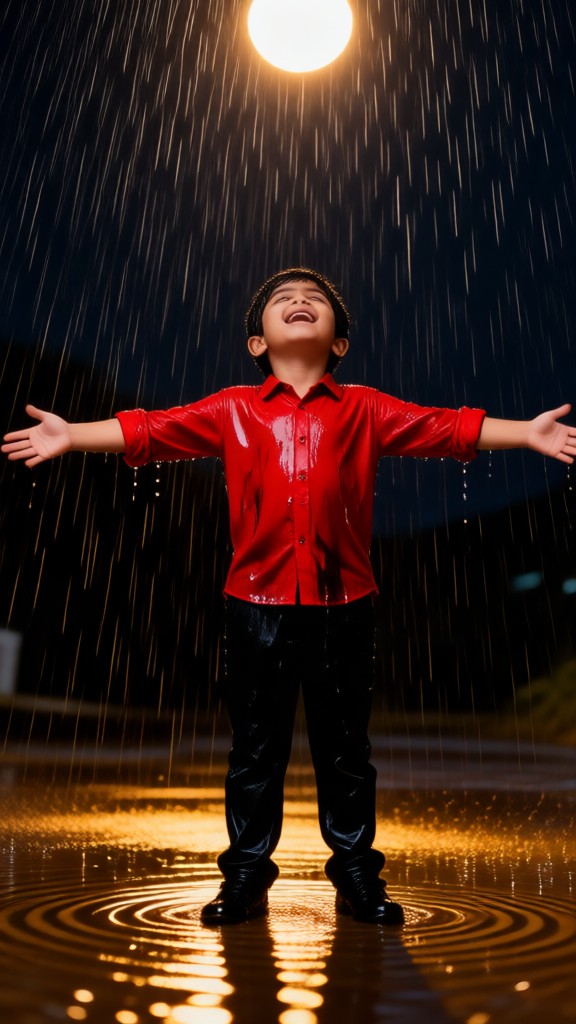 A child’s red shirt on a rainy night image