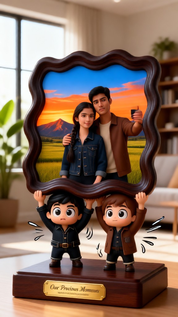 Rendrise Couple 3D Cartoon Figurine Photo Frame Ornament image
