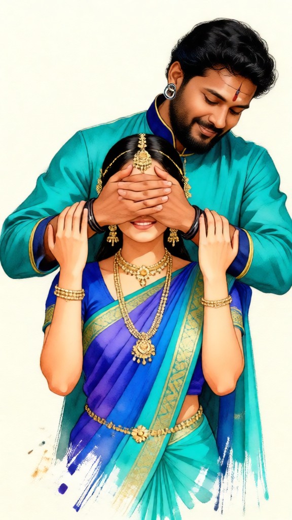 Hand-drawn illustrations of couples from South Indian films image