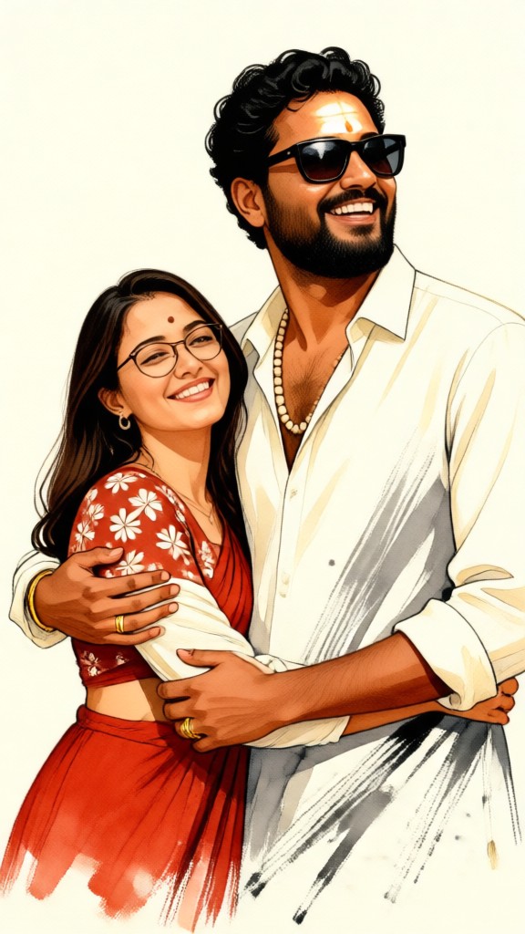 Hand-drawn illustrations of couples from South Indian films image