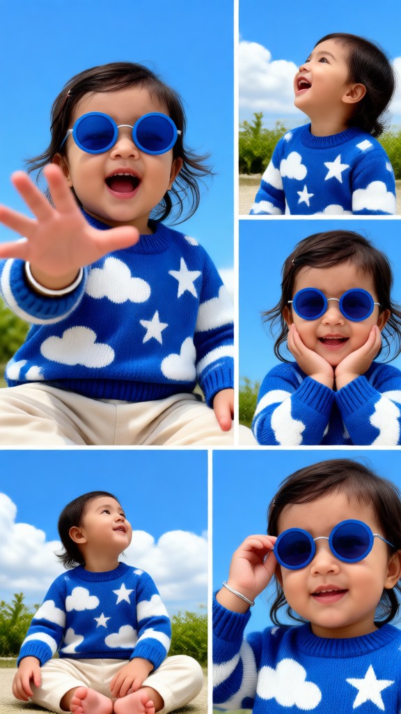 Vistell: Low-angle shot of an adorable child against a backdrop of blue skies an image
