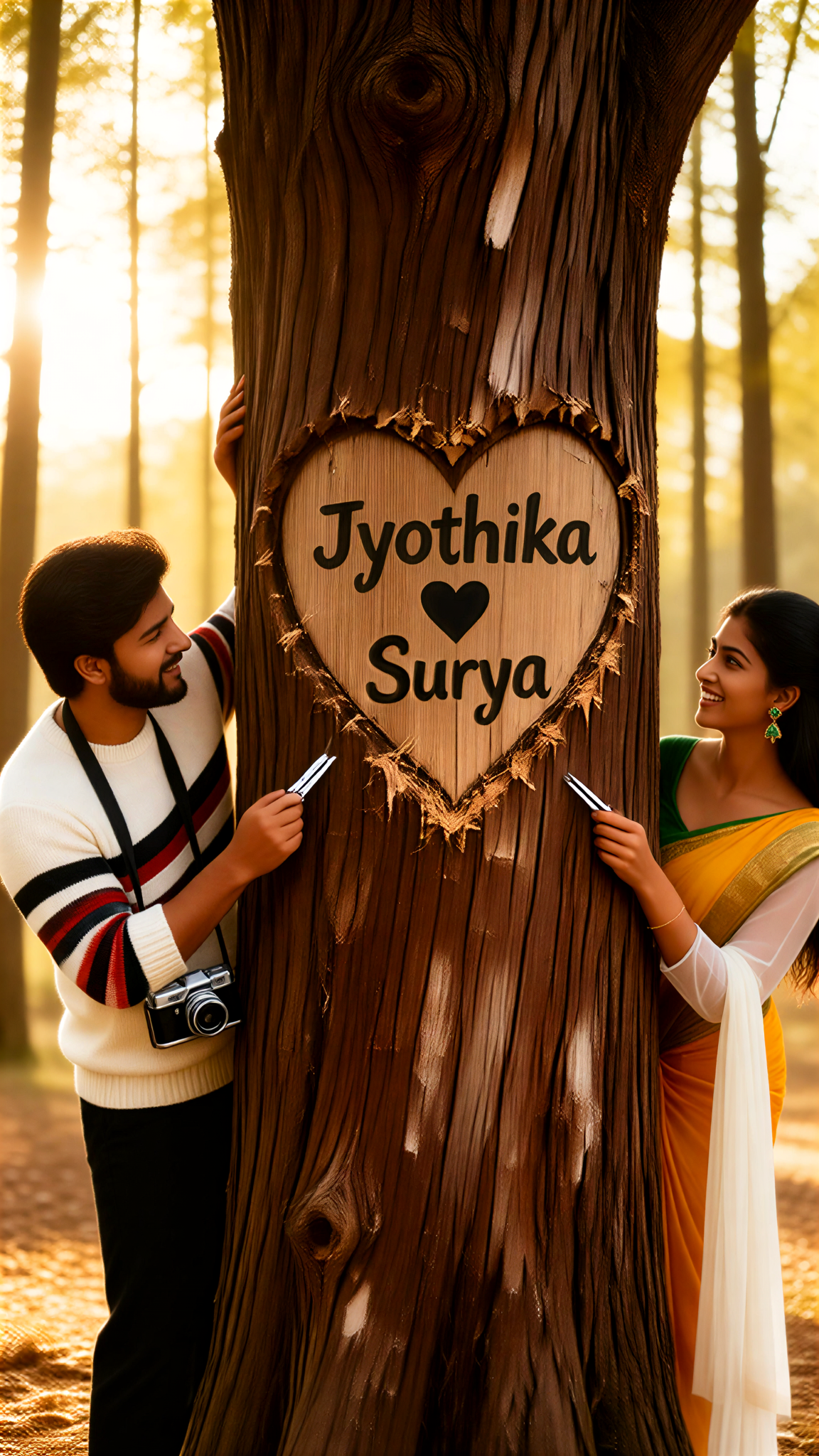 Couples carving names into tree trunks image