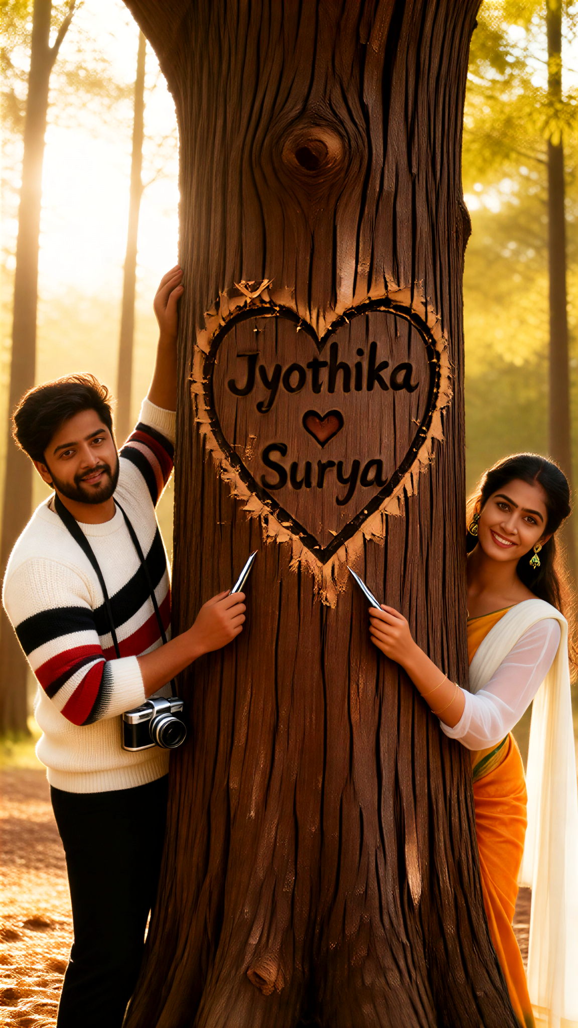 Couples carving names into tree trunks image