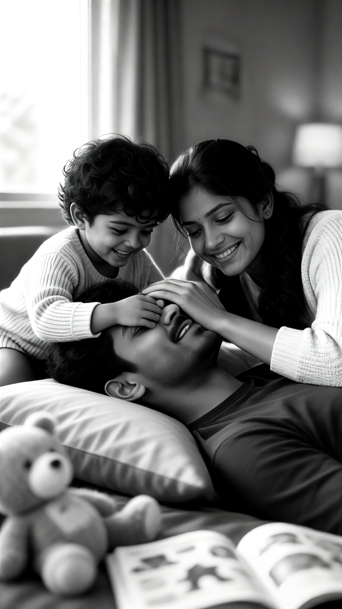 Intimate Black-and-White Family Photos Taken Indoors image