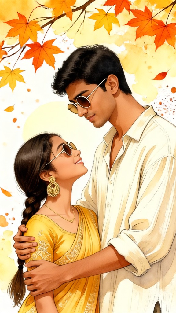 Watercolor-style couple portrait with maple leaves image