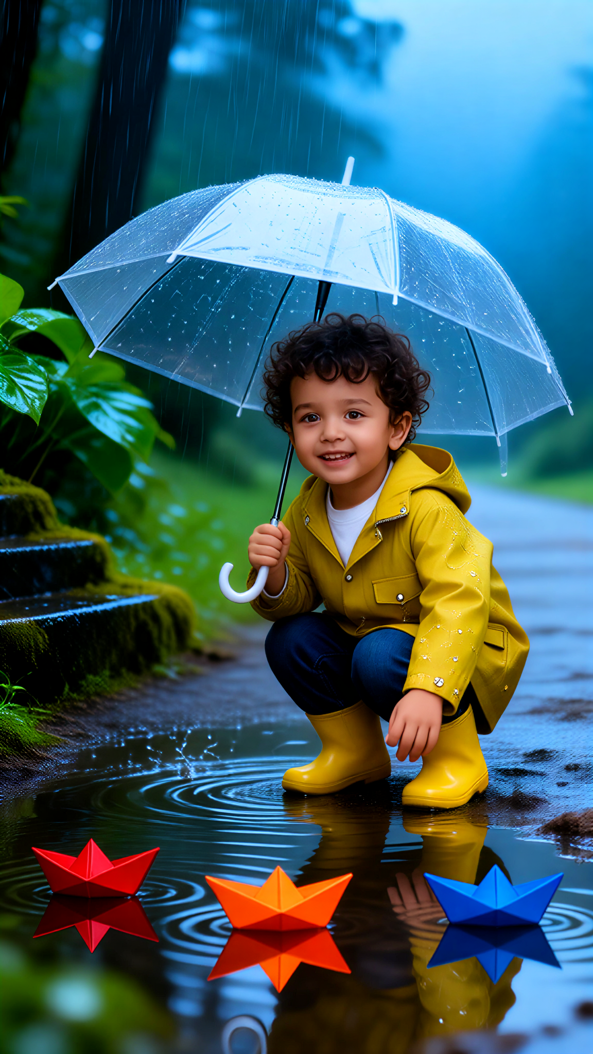 Multicolored Paper Boats in the Rain image