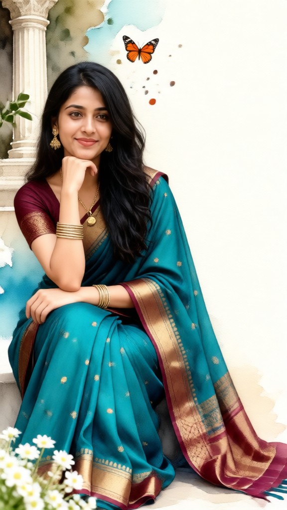 Watercolor Portrait of a Sari with Butterfly Shadows image
