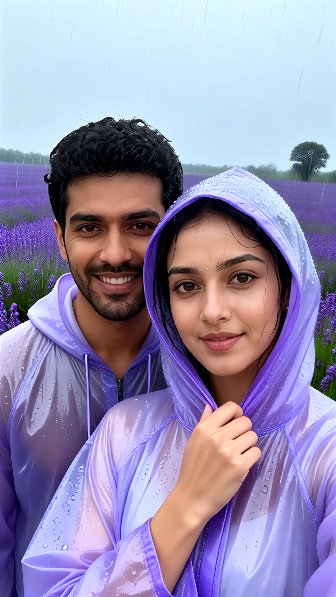 A purple couples’ photo shoot in the mountains in the rain image