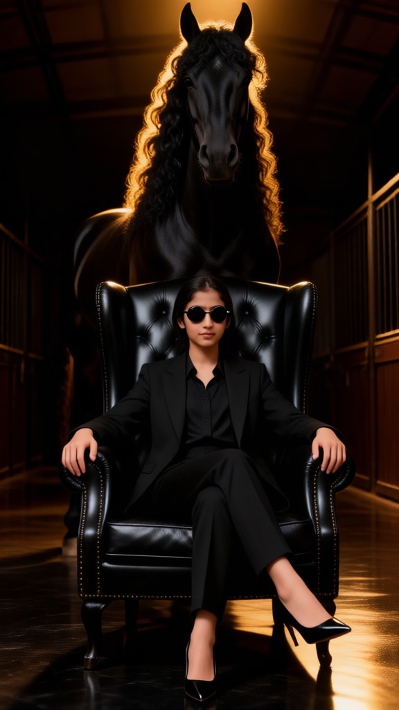 Sitting regally upon the throne, accompanied by a noble steed. image