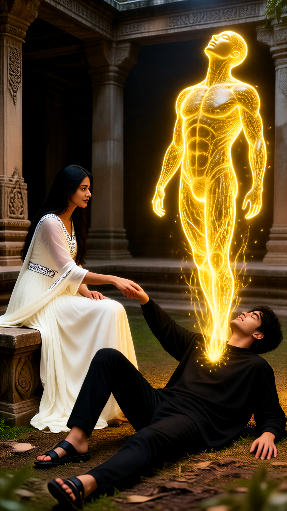 In an ancient Indian stone temple, a woman in a white sari draws a man’s golden  image