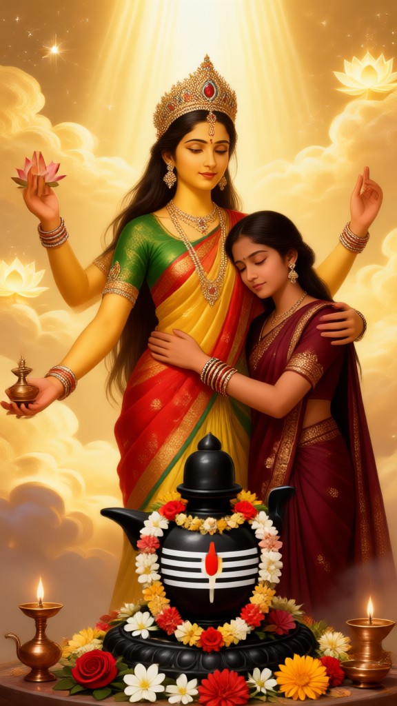 The Goddess Durga gently embraces a woman. image