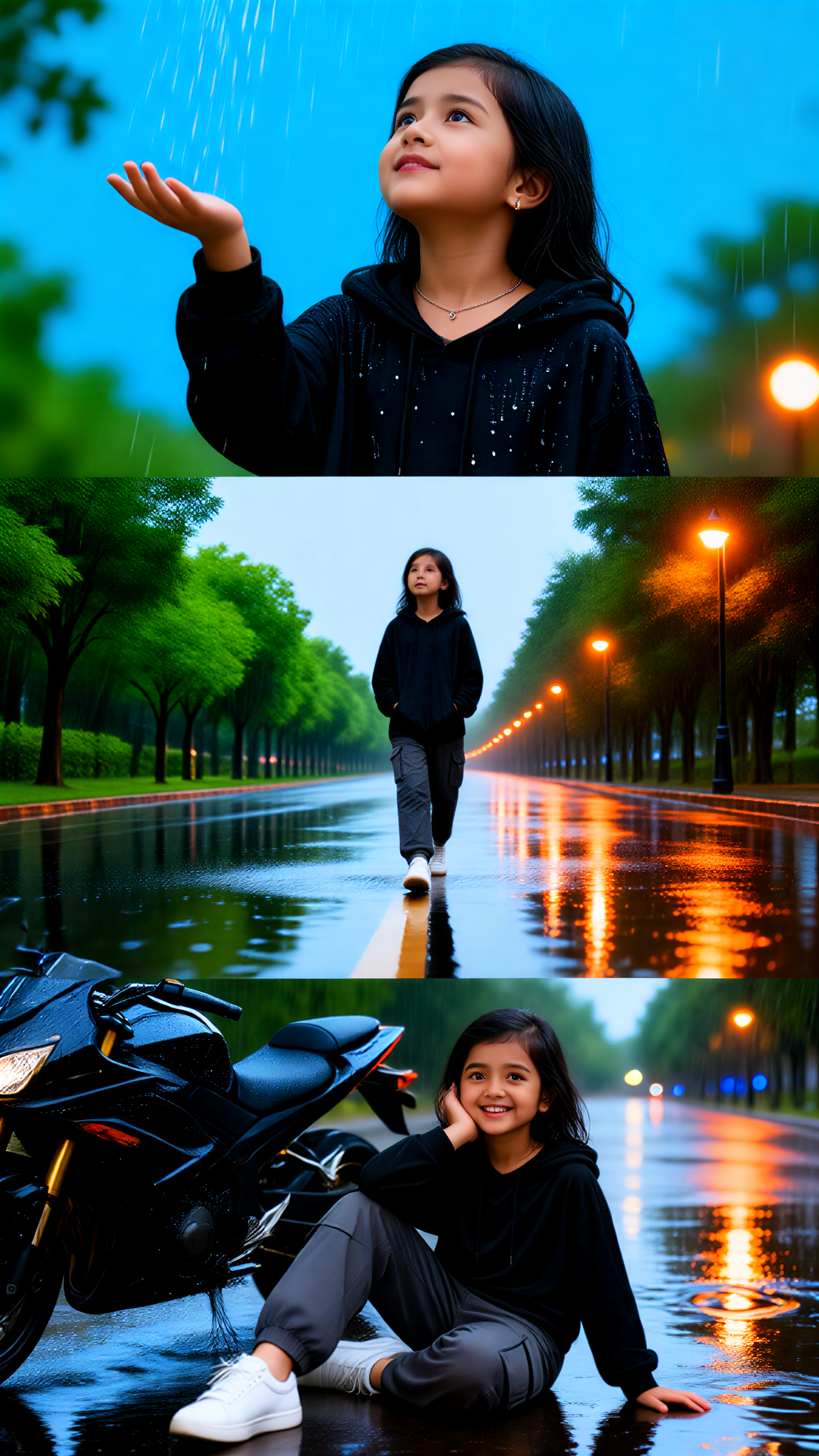 A three-panel collage of a girl on a motorbike image