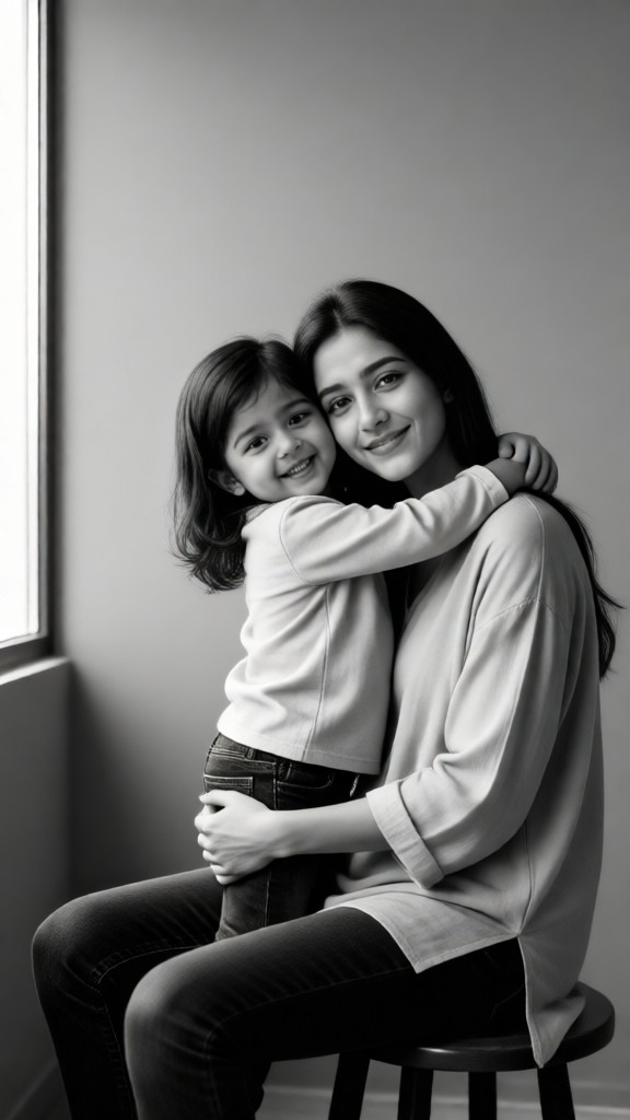 Mother-Daughter Photo in Black-and-White Shirts image