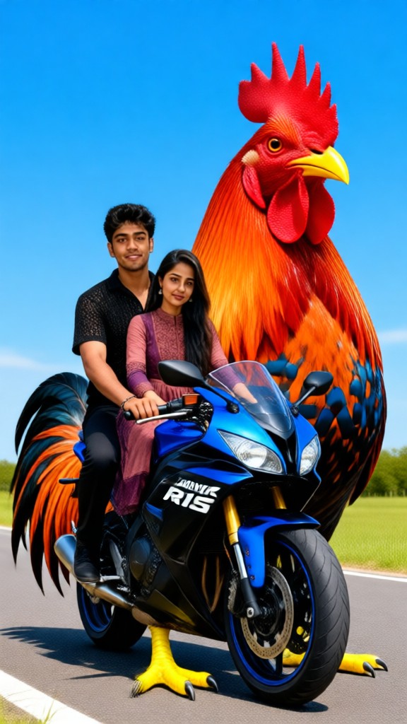 Couple Riding A Motorcycle Chicken image
