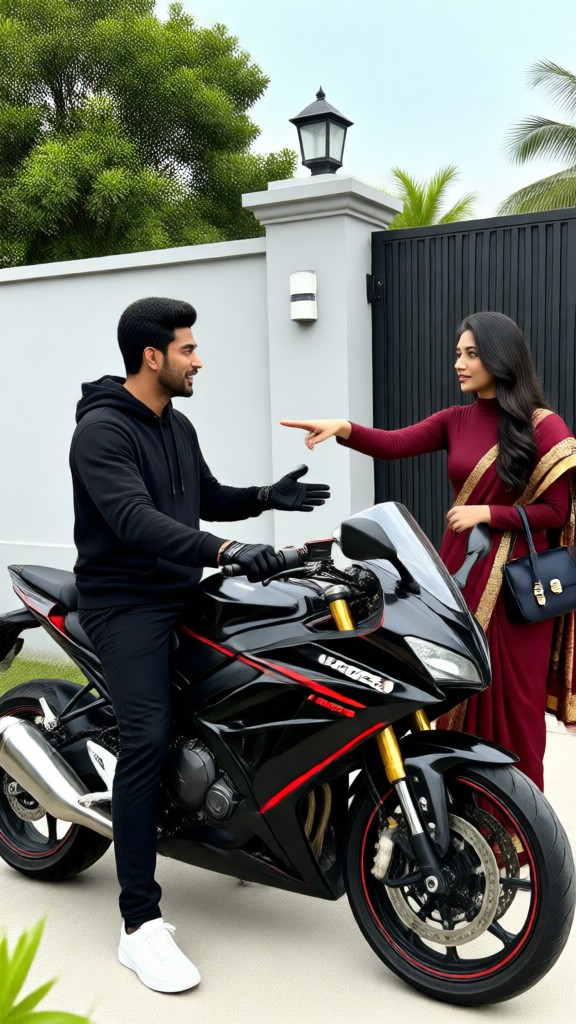 Red Sari Woman And Motorcycle Man image