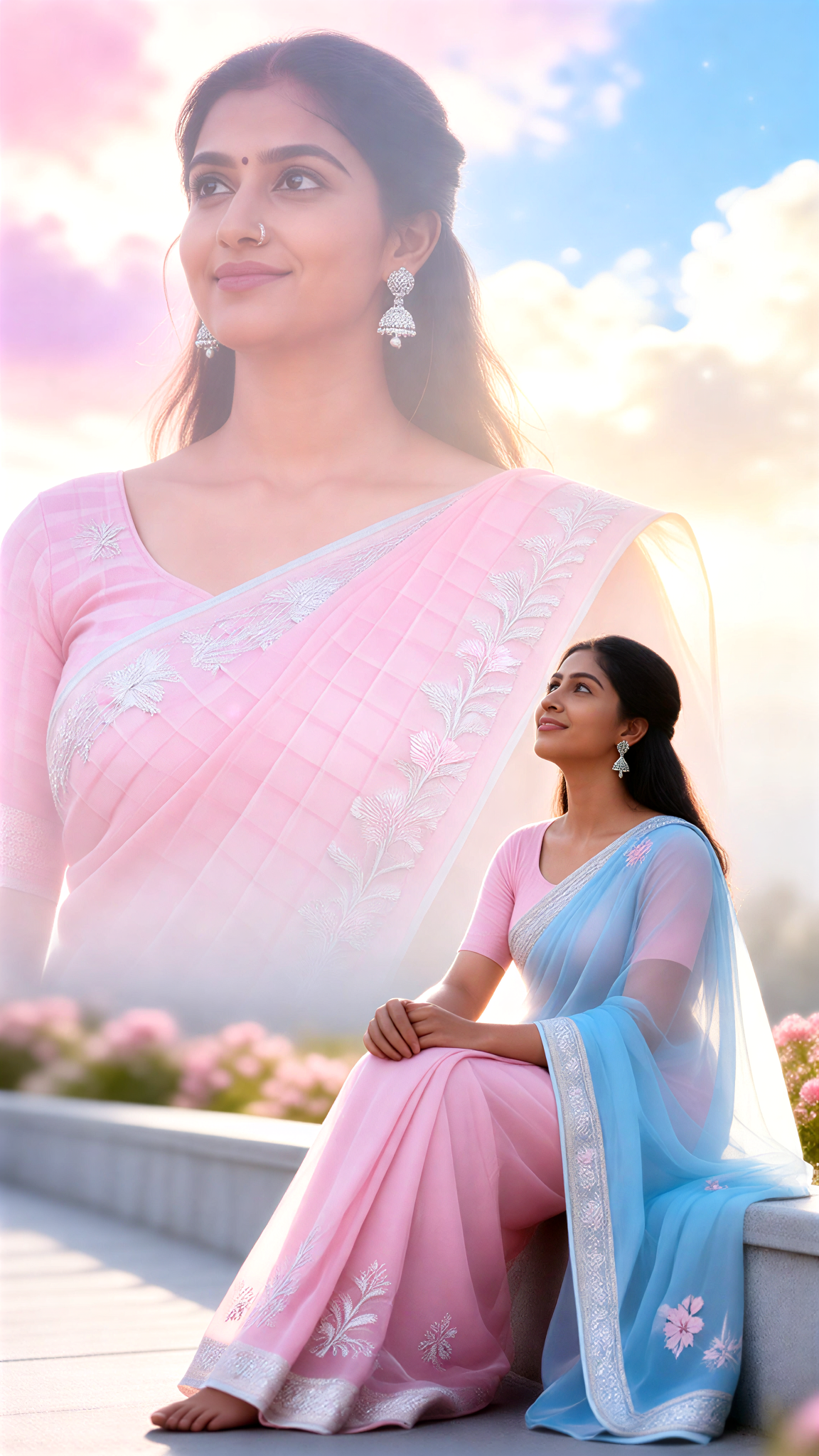 Double exposure of powder blue saree image